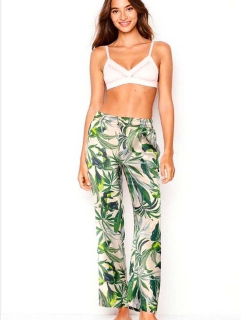 Victoria's Secret Tropical Leaf Wide-Leg Pants - Green Print‎ Size XL/XG/EG